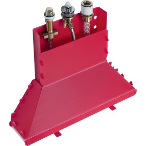 Hansgrohe Grundkörper für 3-Loch Wannenrandmischer, rot, mit Anschlüssen und Brauseschlauch.