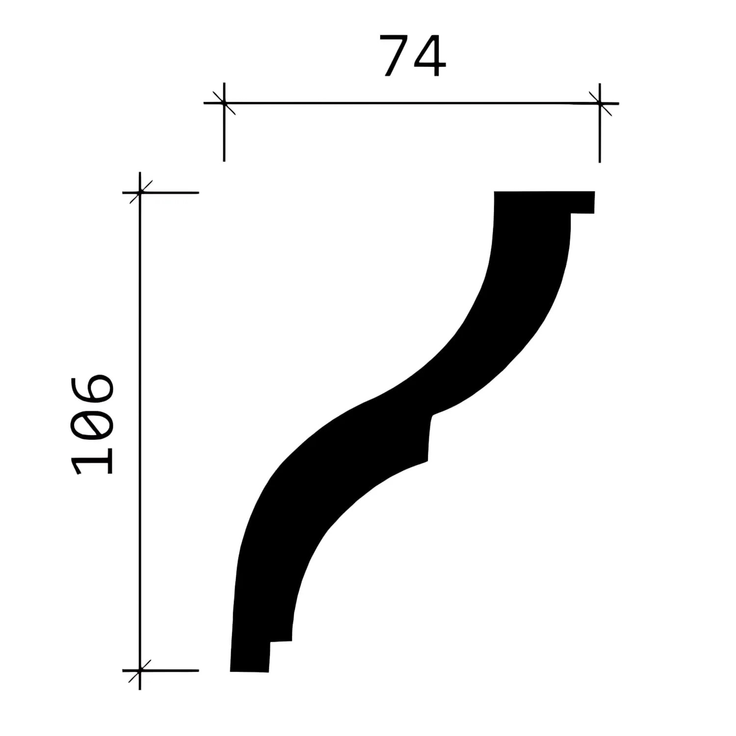 Abbildung einer weißen PROFHOME Eckleiste (106x74mm) aus Polyurethan, Set mit 6 Zierleisten.