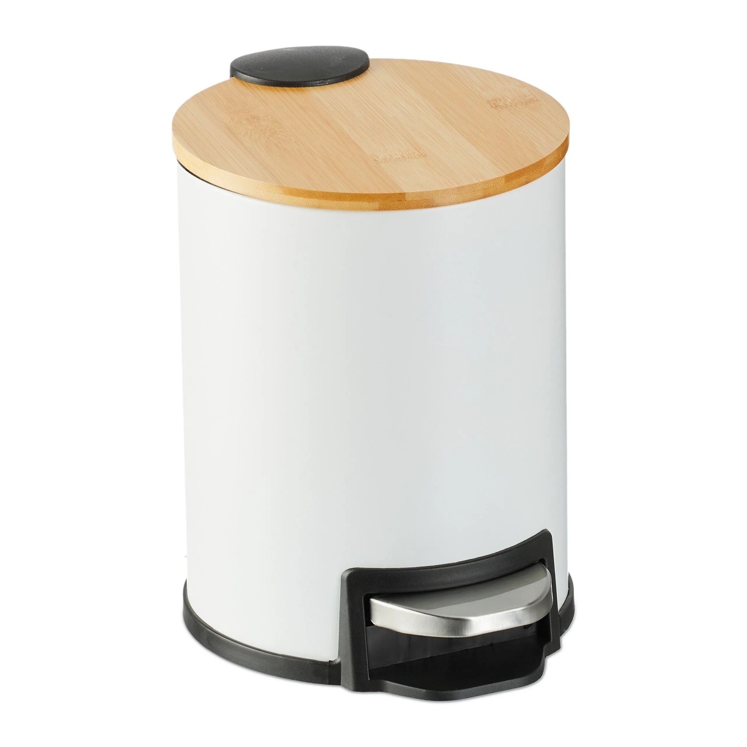 Relaxdays Bad Mülleimer Eisen Weiß mit Bambusdeckel Rutschfest Softclose 3, 22,5 cm x 17 cm x 23 cm 0,7 kg