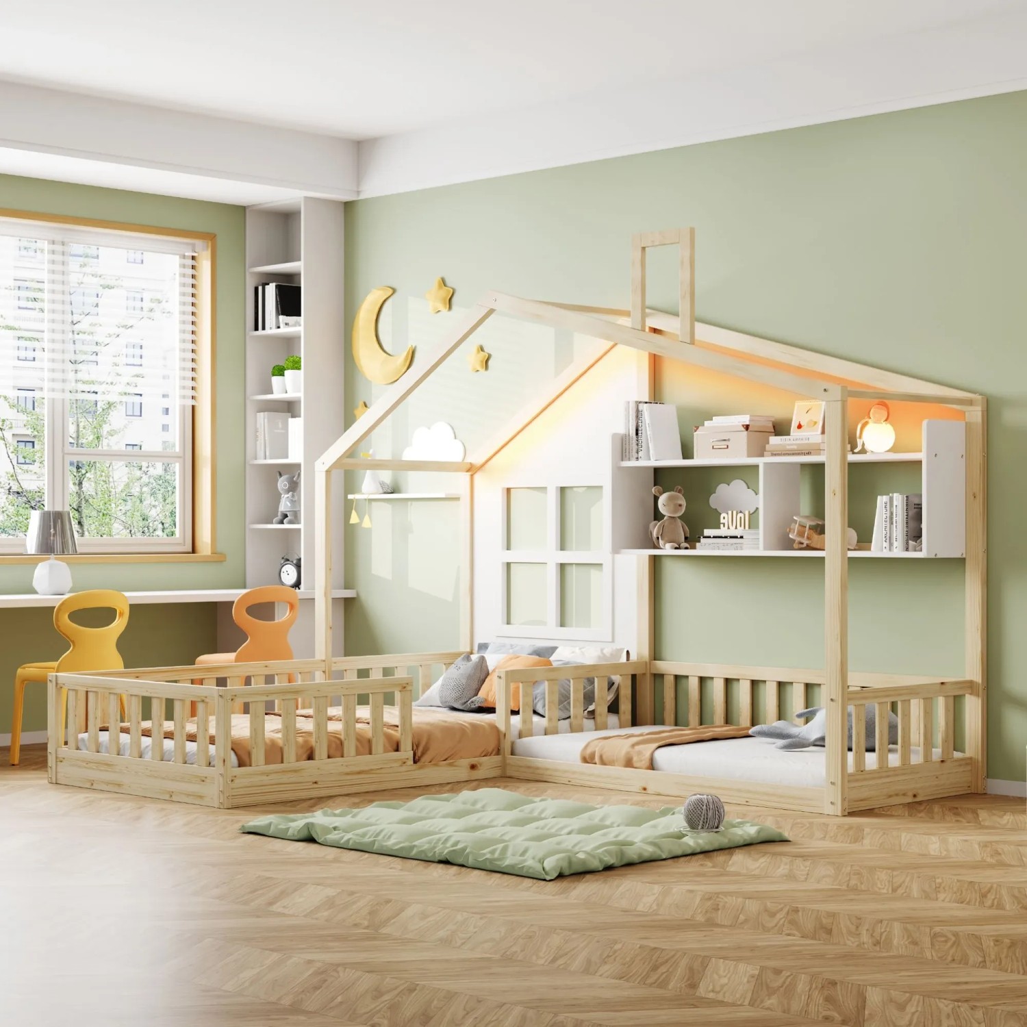Merax Kinderbett 90x200cm Massivholz LED Gitter Holzfarbe