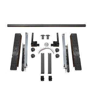 Blum Space-Step Sockelbeschlag Set mit Auszügen, Querprofil, Distanzleisten. Graue Eisenwaren für Schrank-Sockellösung.