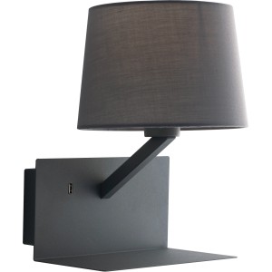 Graue LUCE Design Wandleuchte Ciak mit USB-Ladebuchse und Ablage.