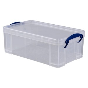 Transparente 5 l Clipbox zur Aufbewahrung mit blauem Clipverschluss.