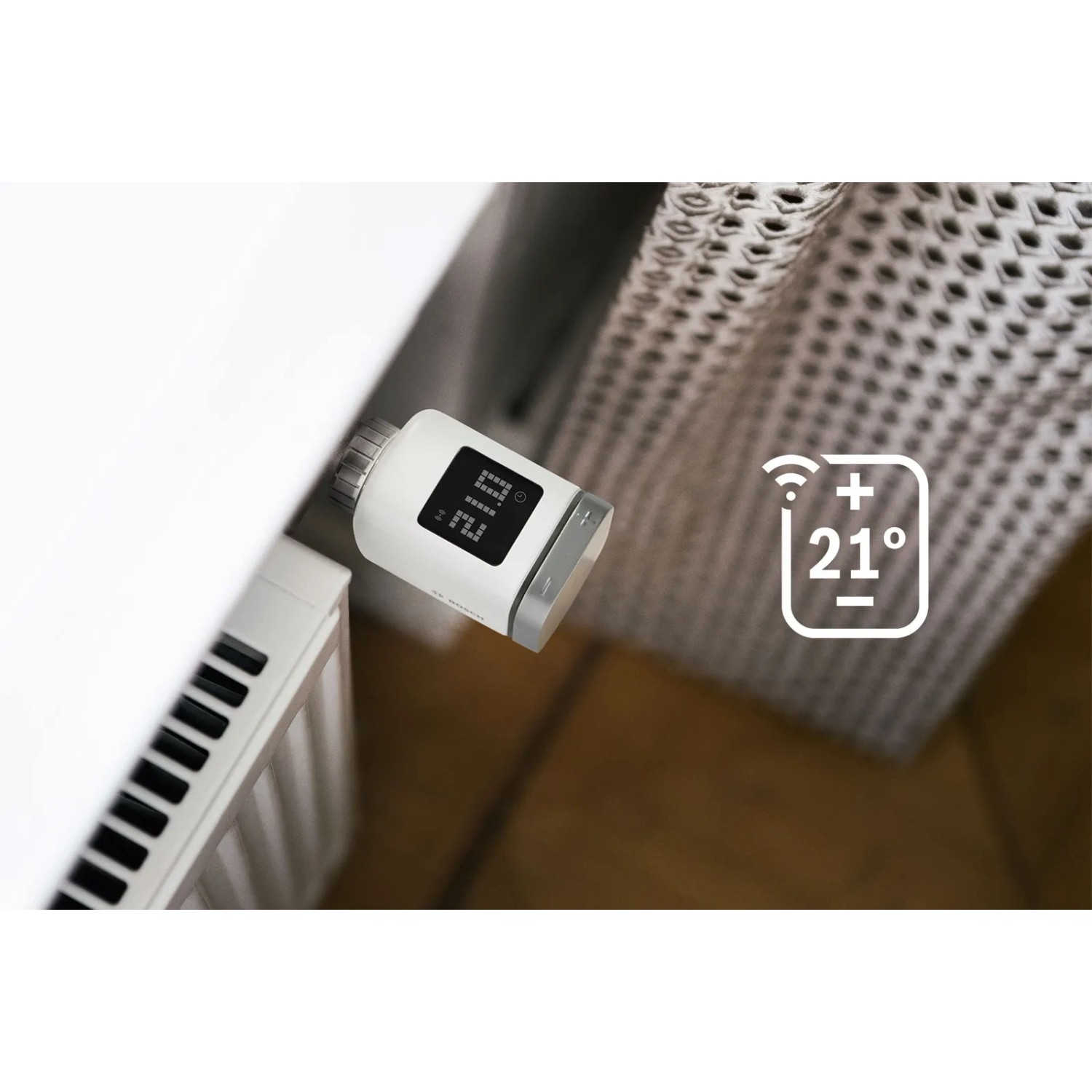Bosch Smart Home Heizkörperthermostat II am Heizkörper, Teil des Erweiterungssets Heizen.