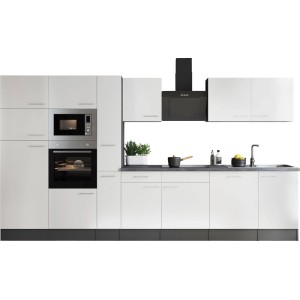 Respekta Küchenzeile Oliver 370 cm Weiß mit E-Geräten und Spüle.