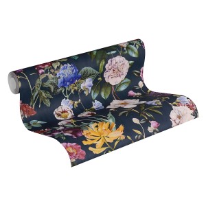 PROFHOME Luxus Tapete mit Blumenmuster in Blau, Grün und Rot. Dekorative Vliestapete.