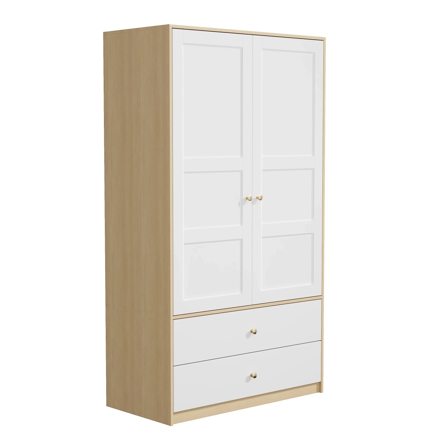 Merax Kleiderschrank 100x48x180 cm Weiß Holzoptik 2 Türen 2 Schubladen