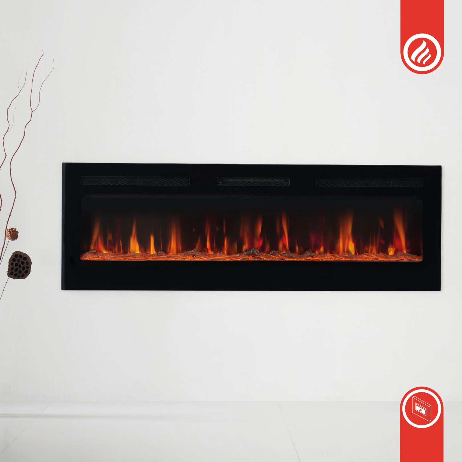 Schwarzer Kaminio Elektrokamin Marlon mit 3D-Flammeneffekt an weißer Wand.