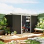 Outsunny Gerätehaus mit Schiebetür, 280x130x172 cm, im Garten mit Rasenmäher und Regal.