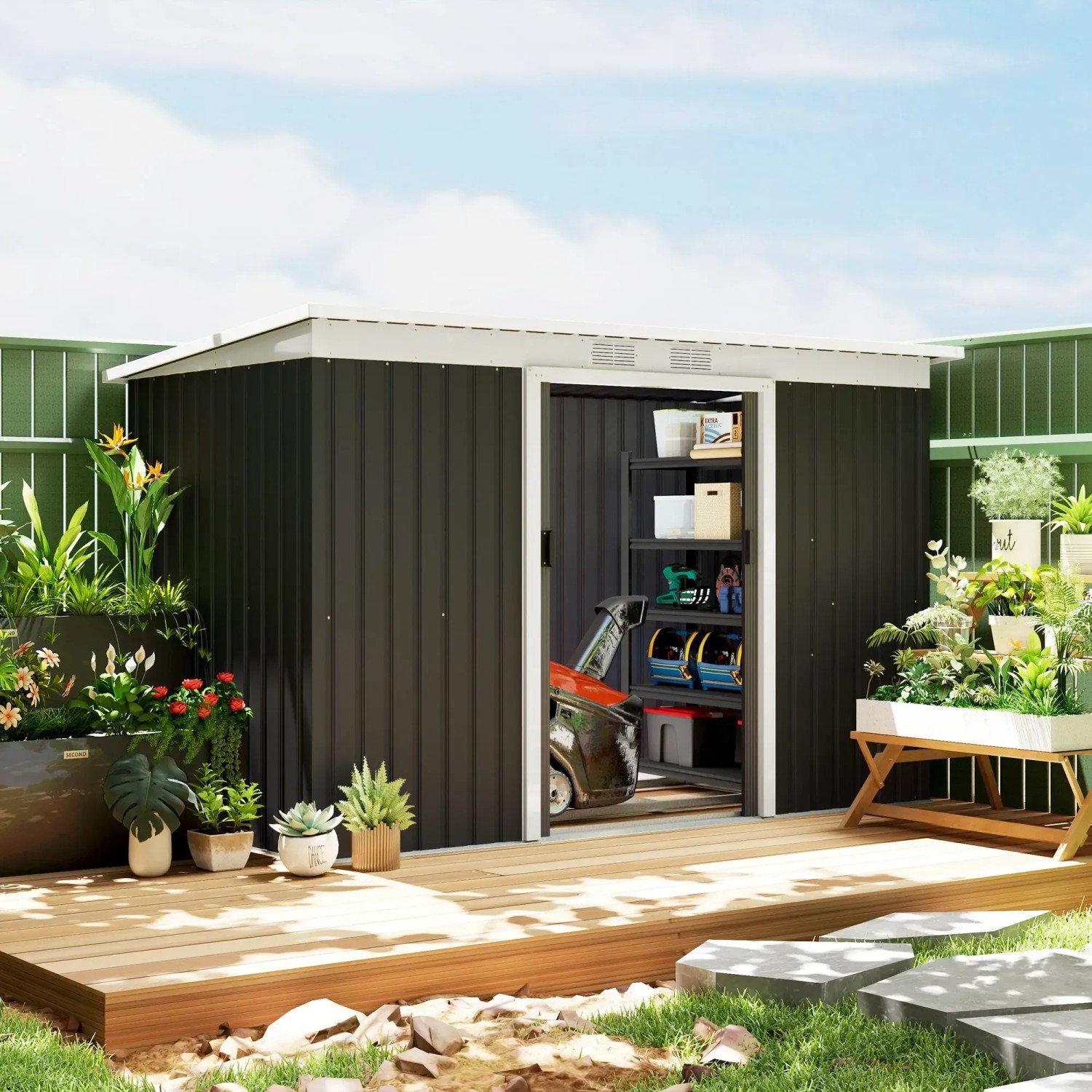 Outsunny Gerätehaus mit Schiebetür, 280x130x172 cm, im Garten mit Rasenmäher und Regal.
