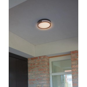 Moderne Lutec LED-Außenwandleuchte Rola in Anthrazit, runde Form. Warmweißes Licht für den Außenbereich.