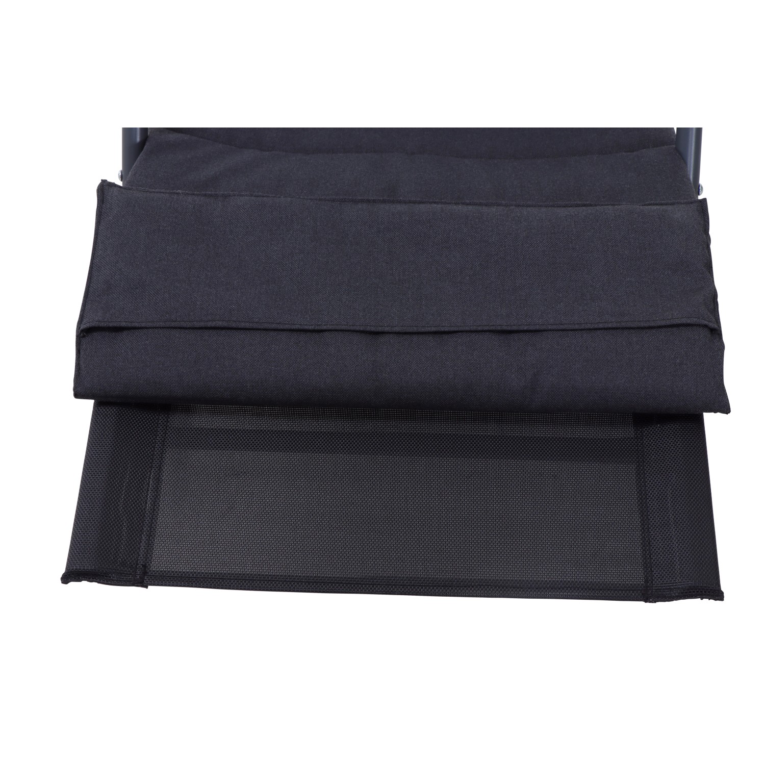 Detailansicht: Schwarze Siena Garden Schaukelliege Aliano mit Kissen und Ranotex-Gewebe.