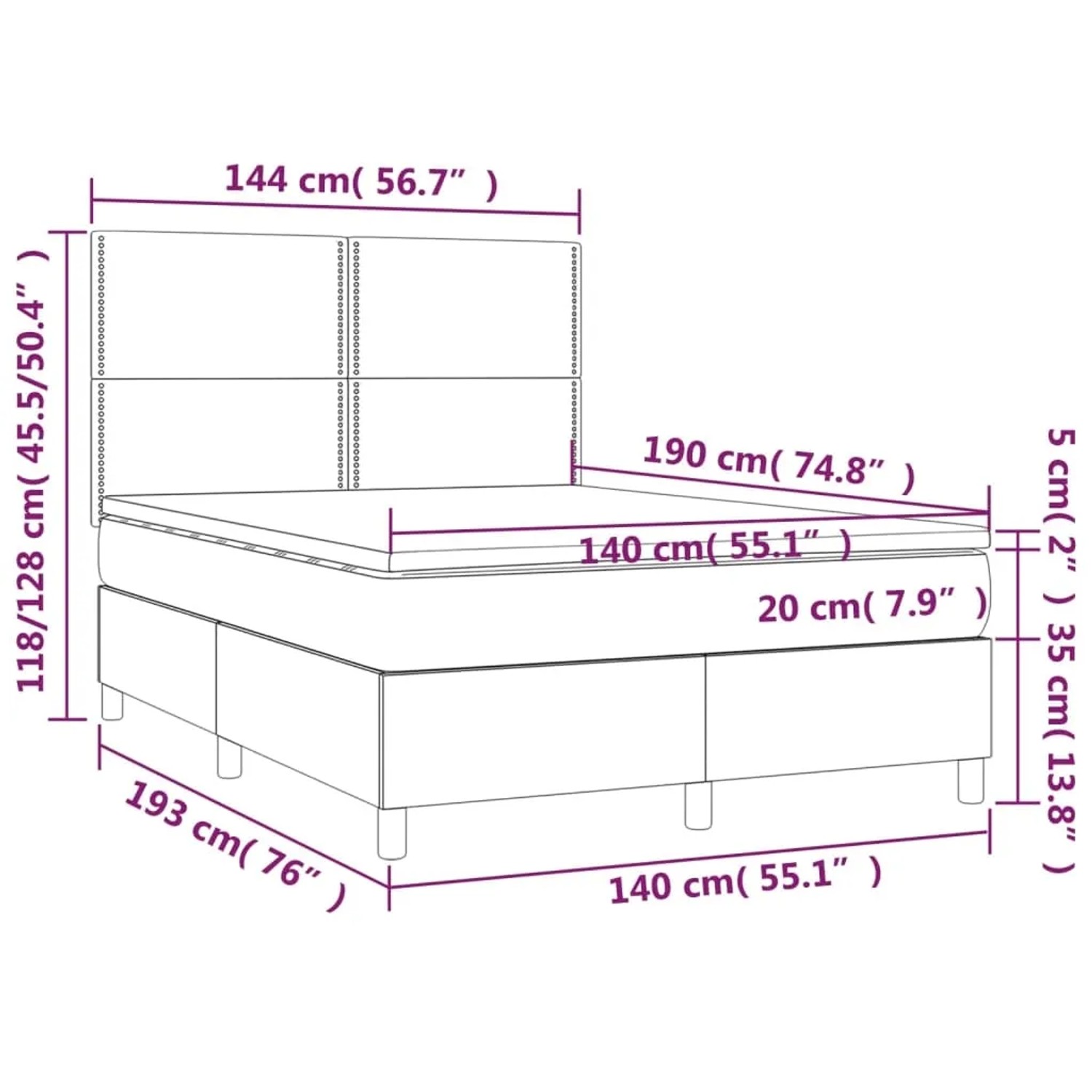 vidaXL Boxspringbett dunkelgrau 140x190 cm mit Matratze und Maßen.