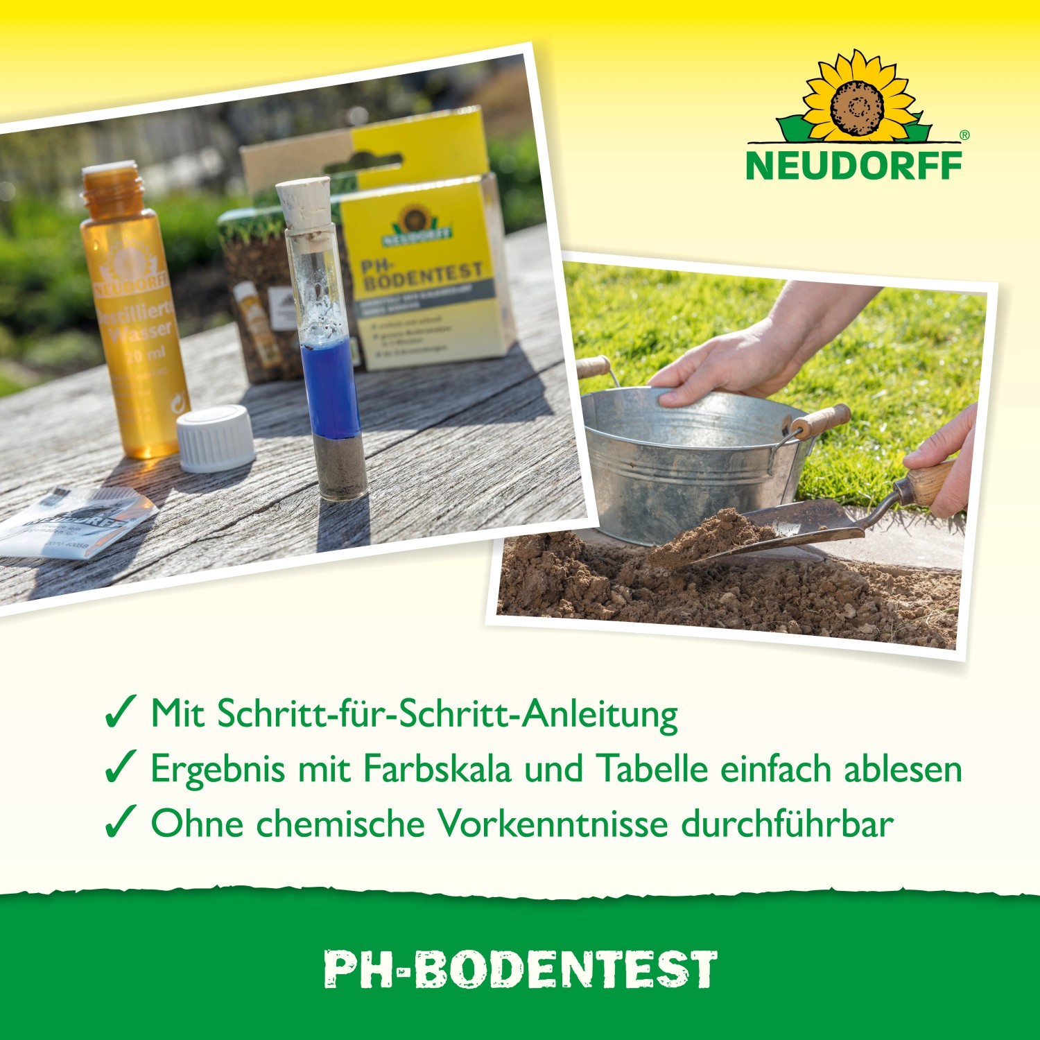 Neudorff PH-Bodentest-Set zur pH-Wert-Bestimmung mit Teströhrchen und Zubehör.