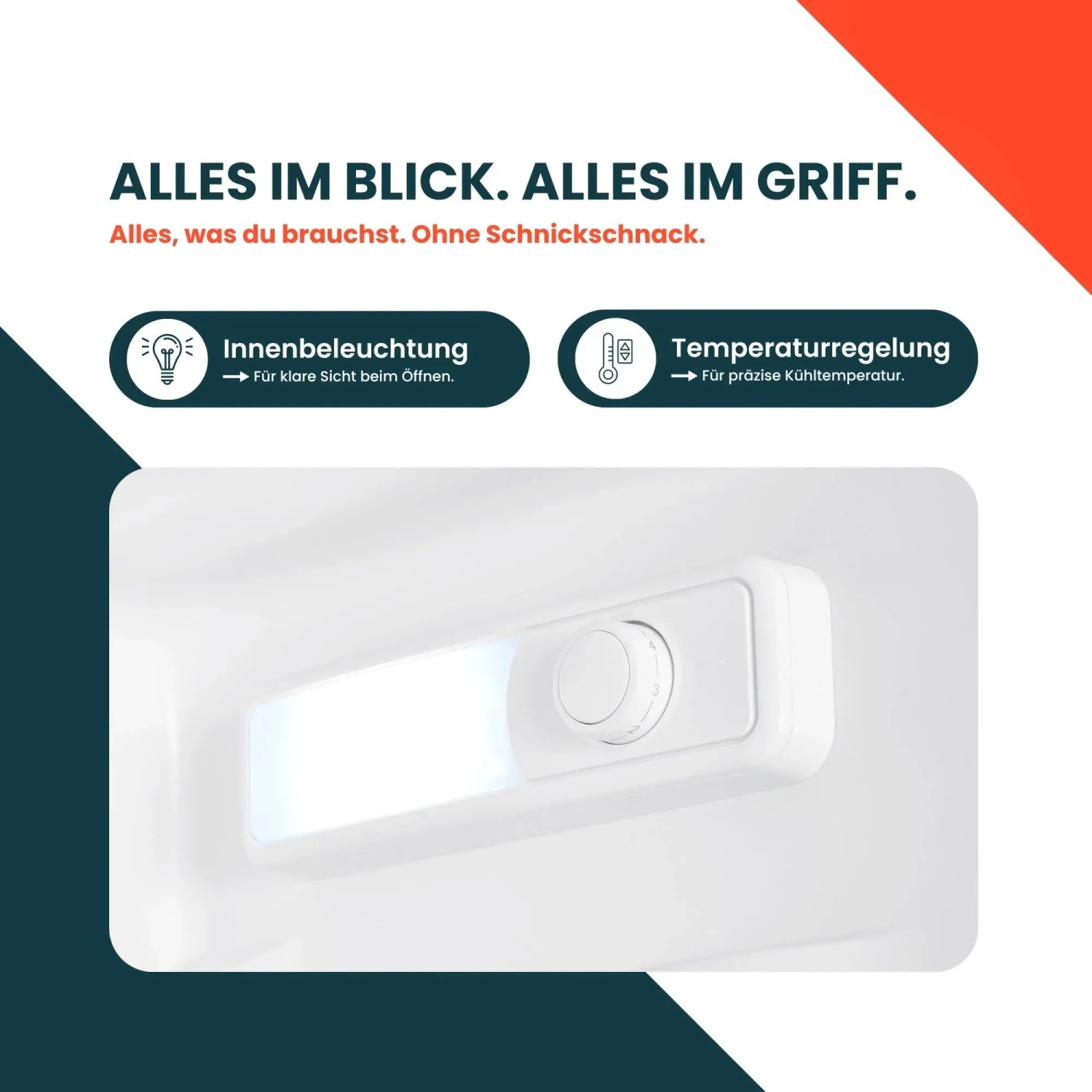 Innenansicht homeX Kühlschrank: LED-Beleuchtung und Temperaturregler für optimale Kühlung.