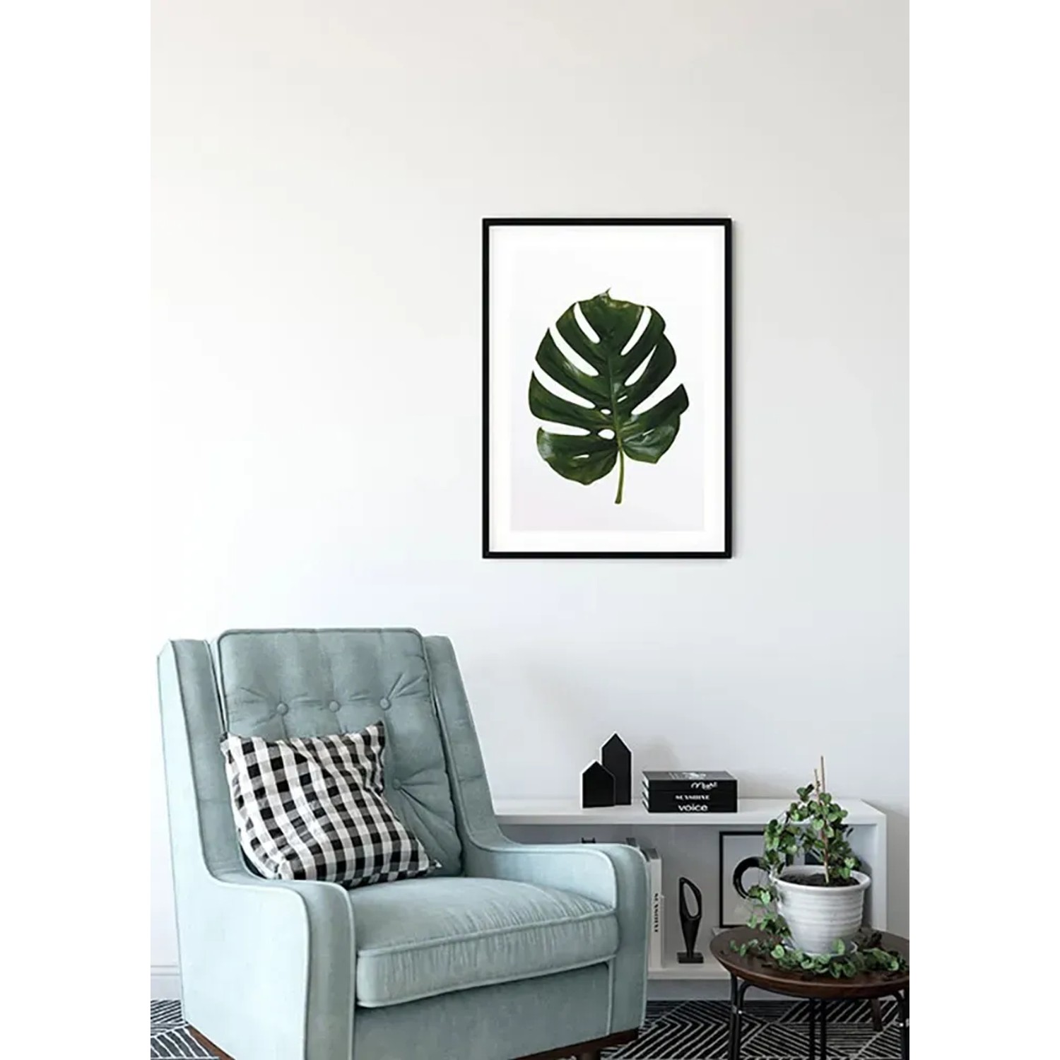 Wandbild: Monstera Blatt im schwarzen Rahmen, 30x40 cm. Dekorative Zimmerpflanze als Kunstdruck.
