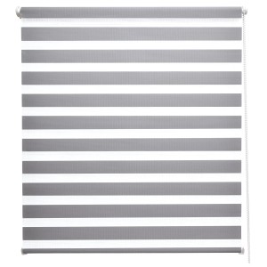 Graues Sol Royal Doppelrollo 110x150cm für Fenster, mit abwechselnd transparenten und blickdichten Streifen.