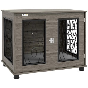 Graue PawHut Hundebox mit Drahtgeflecht-Belüftung und Kissen. Moderner Hundezwinger mit Ablagefläche.