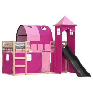 Rosa Etagenbett mit Rutsche und Vorhängen für Kinderzimmer. Holzgestell.