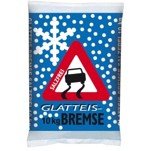 Sack Glatteisbremse, 10 kg, Kalksteingranulat gegen Winterglätte, mit Warnsymbol.