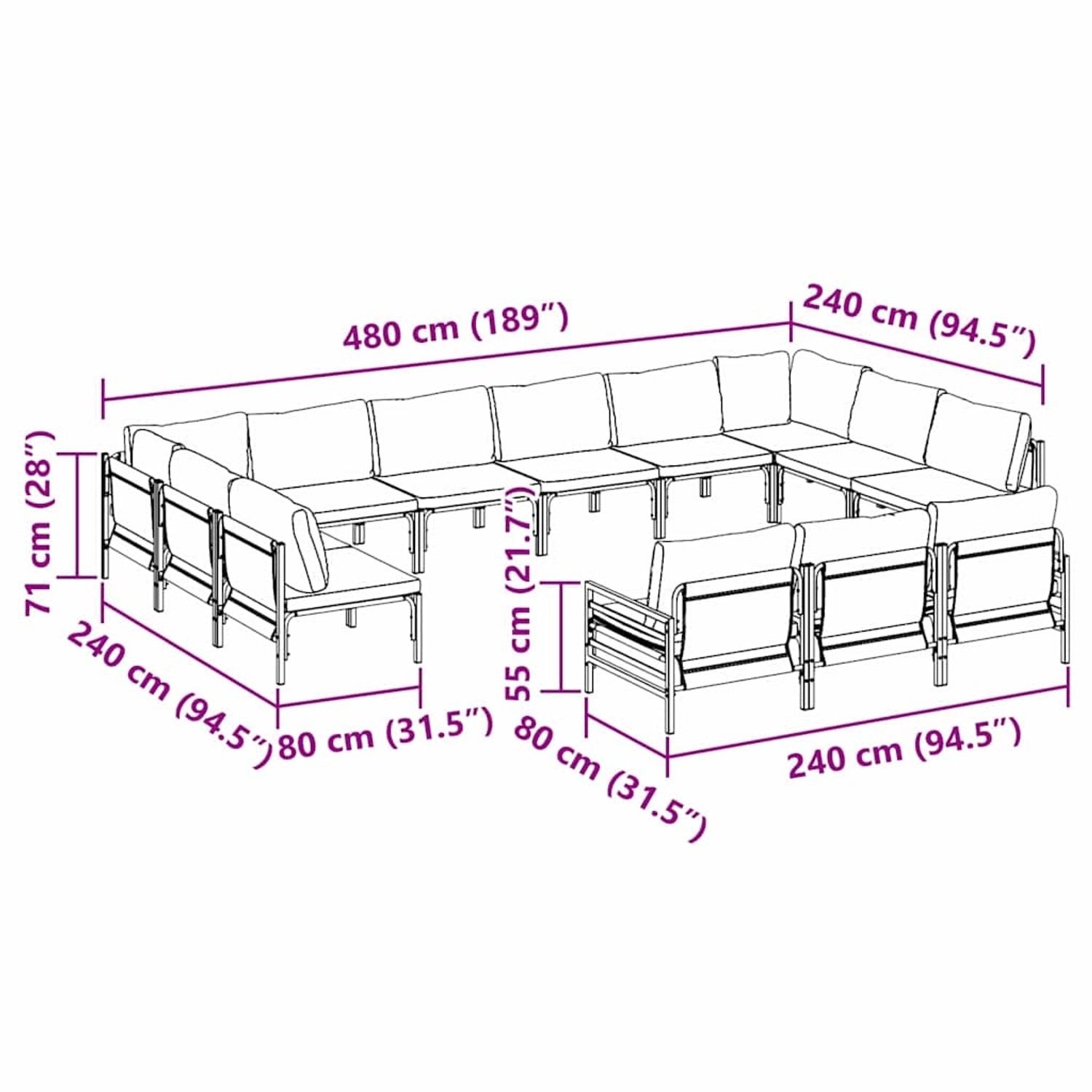 vidaXL Garten-Sofa-Set, 13-teilig, Anthrazit, Stahl, mit Maßangaben für Planung.