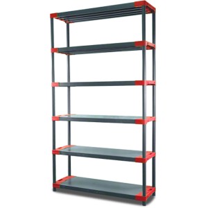 Graues PROREGAL Kunststoffregal Big Grey Bear mit 6 Böden und roten Eckverbindungen.