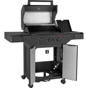 Jamestown Knox II Gasgrill mit 3 Brennern, Seitenbrenner, schwarzer Grillwagen mit offenem Deckel und Stauraum.