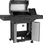 Jamestown Knox II Gasgrill mit 3 Brennern, Seitenbrenner, schwarzer Grillwagen mit offenem Deckel und Stauraum.