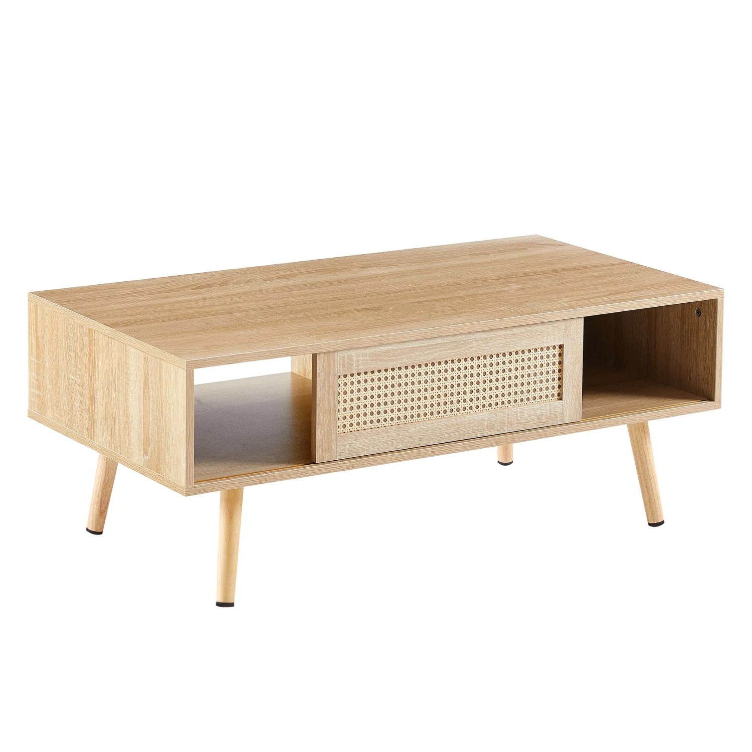 okwish Couchtisch mit Korbgeflecht Schiebetüren Massivholz Wohnzimmer Modern 105x55x40cm Natur
