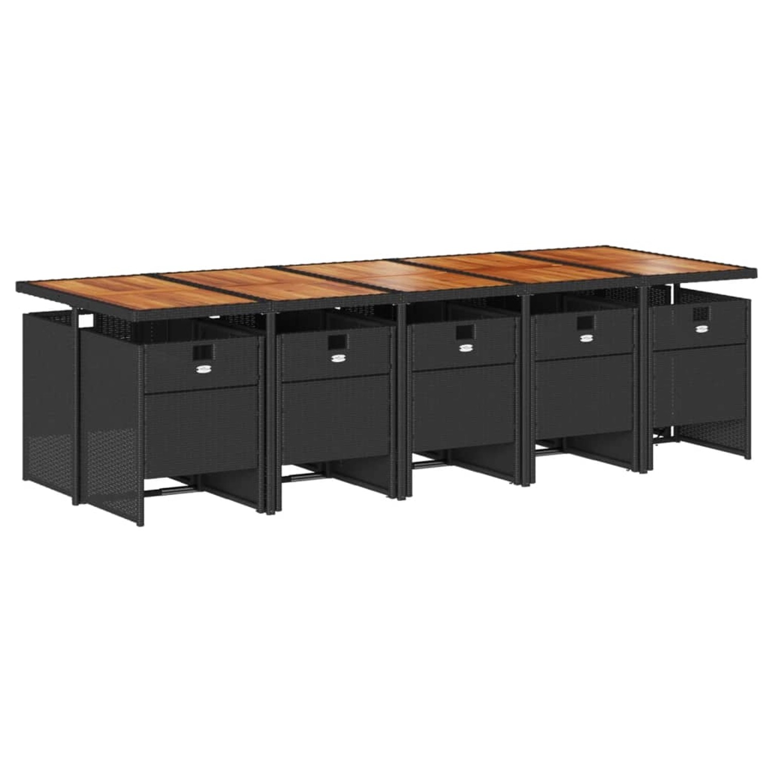 vidaXL 11-tlg. Garten-Essgruppe aus Polyrattan, schwarz, mit Akazienholztischplatte und cremefarbenen Kissen.