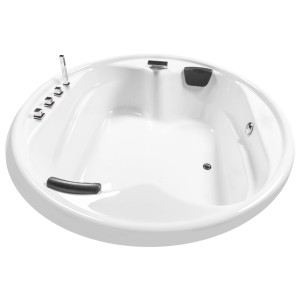 Runde, weiße Basera® Podest-Badewanne XXL Gomera für 2 Personen, 182x182 cm mit Armaturen und Kopfstützen.