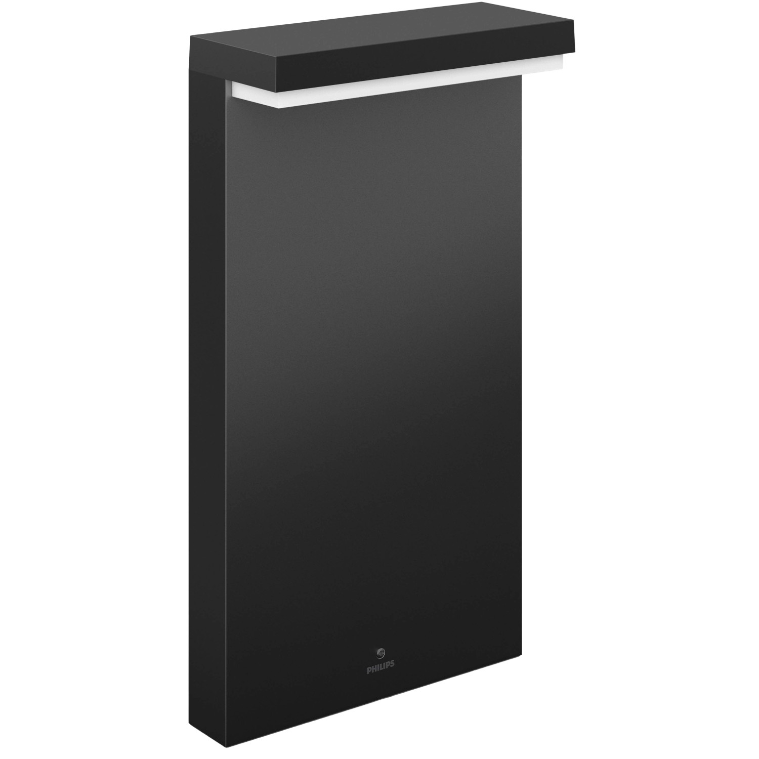 Schwarze Philips Hue Nyro Sockelleuchte für den Außenbereich mit warmweißem Licht.