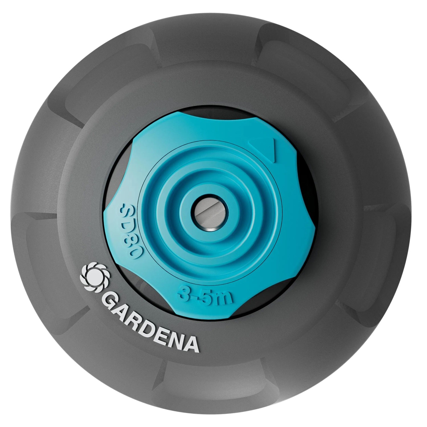 Gardena Versenkregner SD80 für Sprinkler-Systeme, Aufsicht mit blauem Einstellknopf.