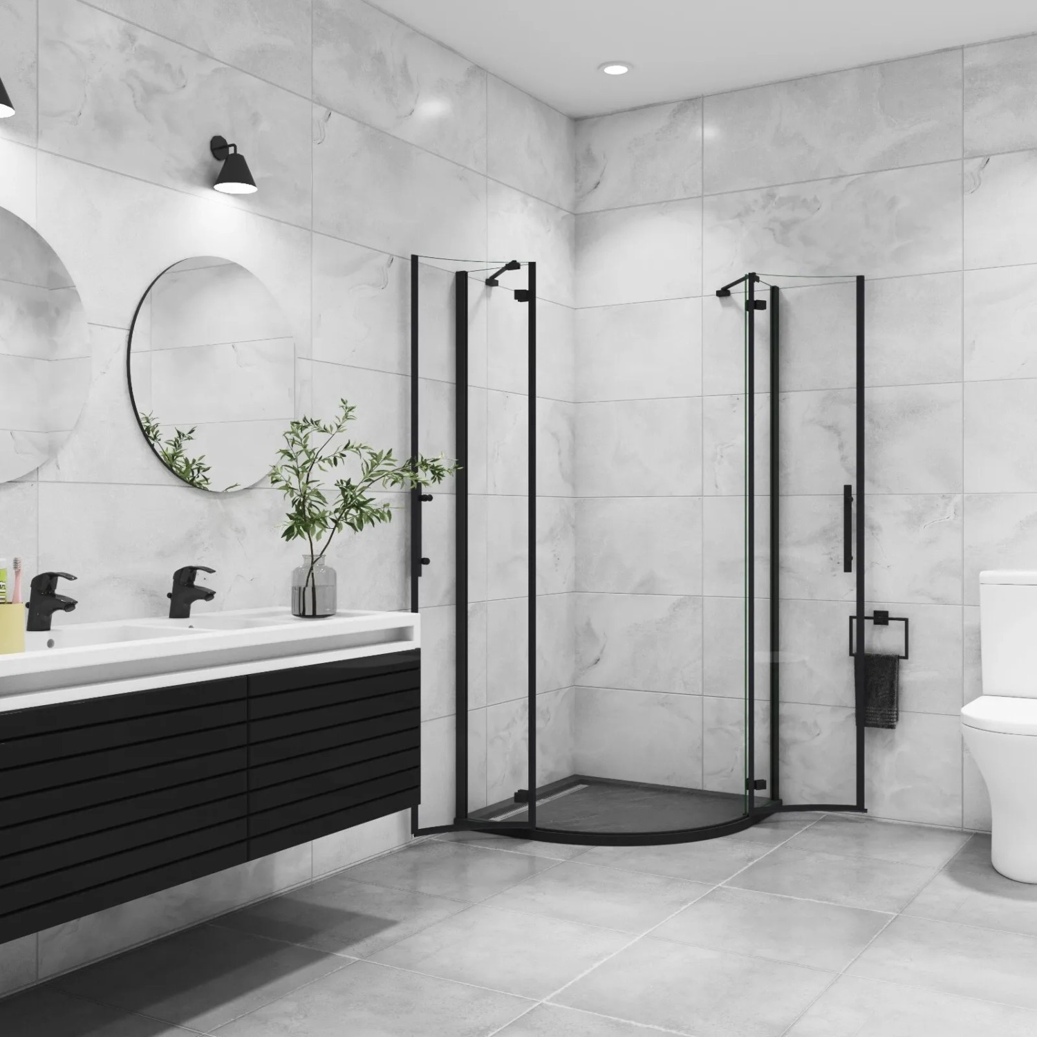 AICA Runddusche 90x90cm schwarz, 6mm NANO ESG Sicherheitsglas, im modernen Badambiente.