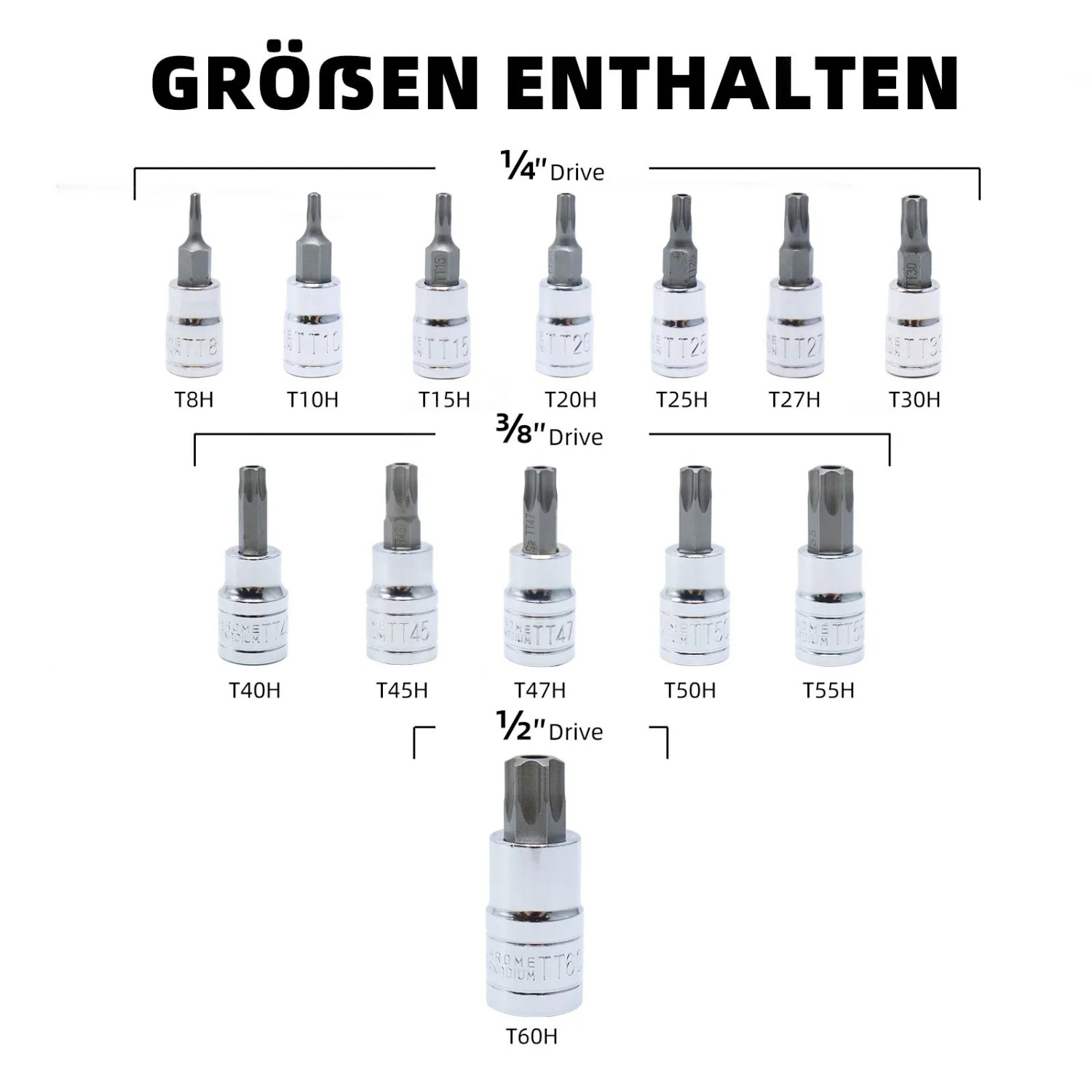13-teiliger CCLIFE Torx Bit Steckschlüsselsatz aus S2 Stahl, T8H-T60H, für Drehmomentschlüssel. Chromglänzend.