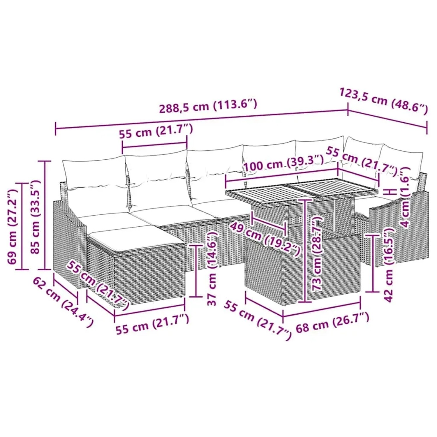 vidaXL 8-teiliges Garten-Sofa-Set aus Poly Rattan in Beige mit Maßen.