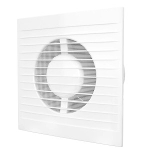 Weißer VLANO Badlüfter E 100 ST mit Nachlauffunktion, Frontansicht.