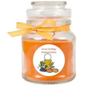 Orange Duftkerze im Glas mit Kommunion-Motiv und Schleife. Ideal als Geschenk.
