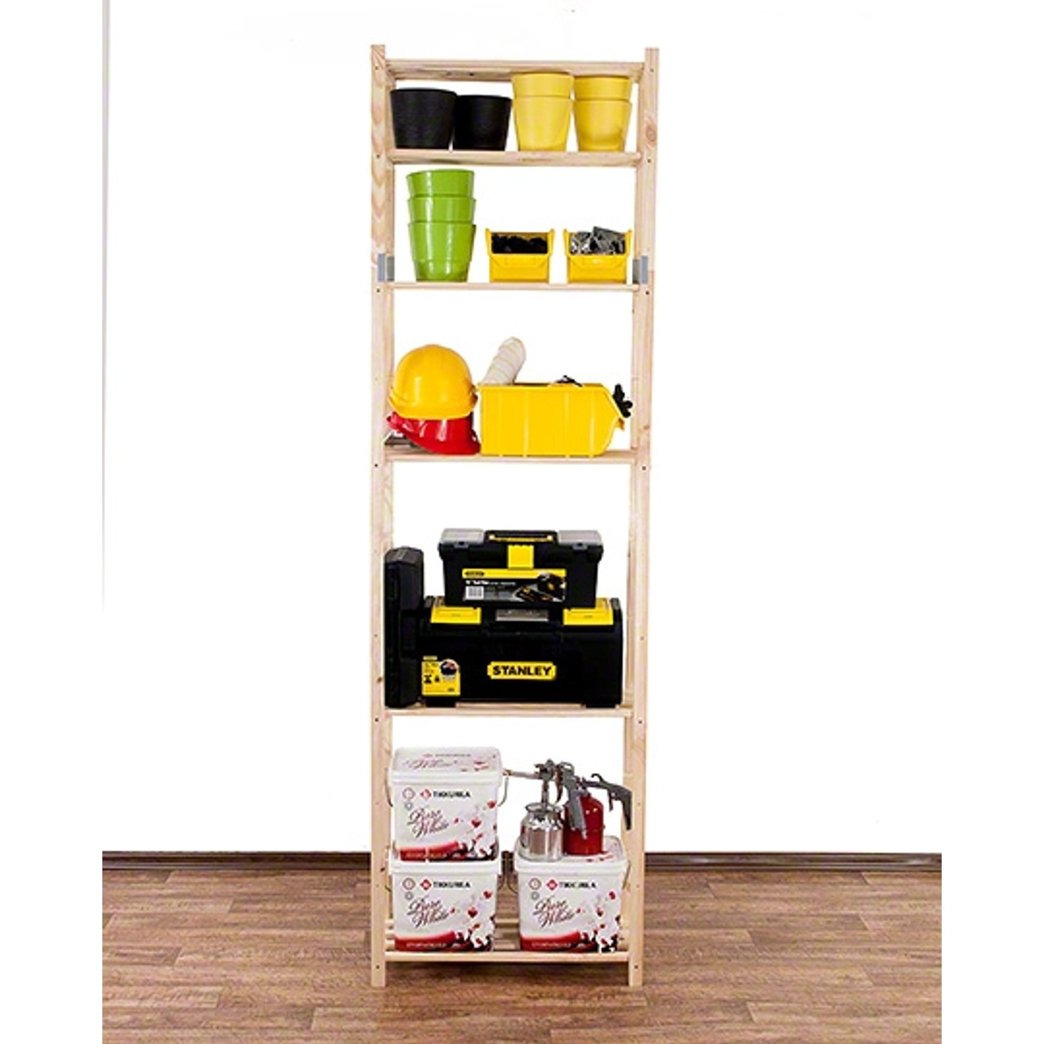 PROREGAL Holzregal Timbercraft mit 6 Böden, beladen mit Werkzeug und Farbe.