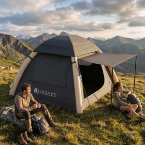 Aufblasbares Juskys Zelt EasyFlow L (dunkelgrau/khaki) mit Personen in Berglandschaft.