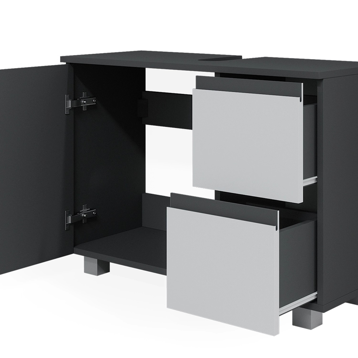 Vicco Waschbeckenunterschrank J-Shape, weiß/anthrazit, mit Tür und zwei Schubladen.