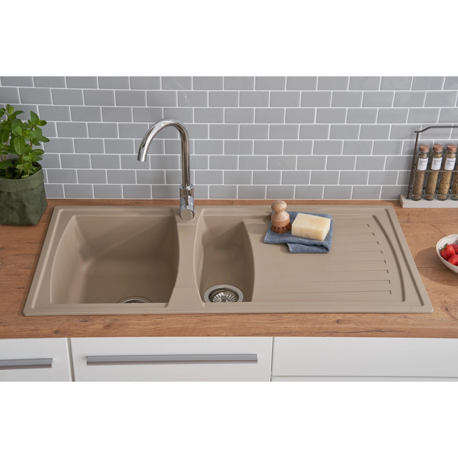 Respekta Mineralite Einbauspüle Boston, 100x50 cm, Sandbeige. Granitspüle mit Abtropffläche.