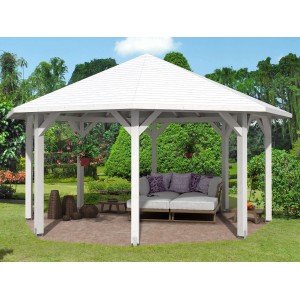 Weißer Skan Holz Pavillon Nice 3 aus Leimholz (557x557cm) im Garten.