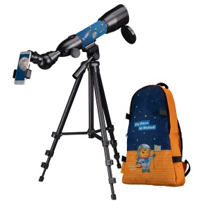 DieMaus Linsenteleskop 50/350 mit Rucksack, inkl. Stativ und Smartphone Halterung.