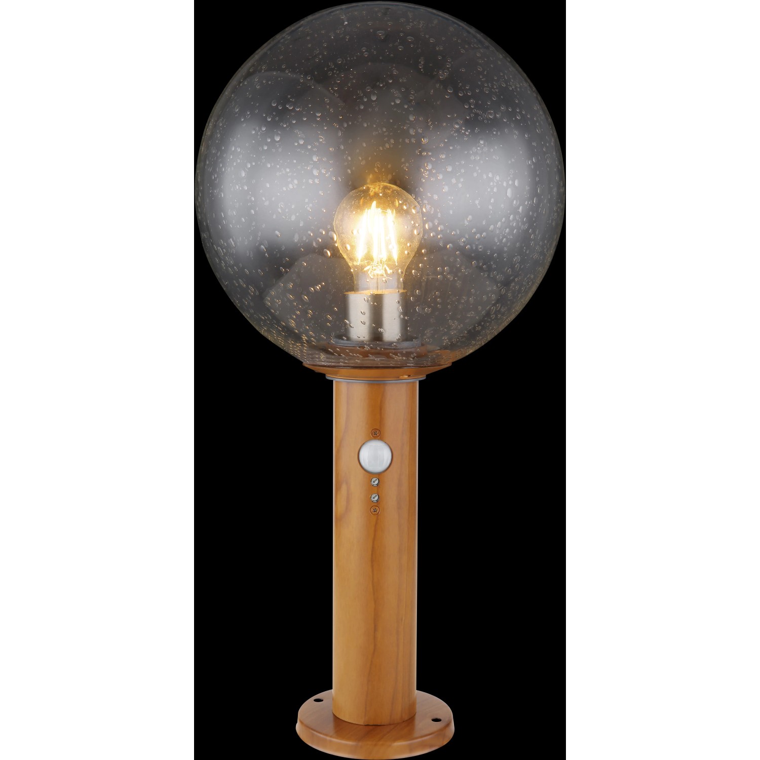 Globo Außenleuchte Ossy mit Bewegungsmelder, Holzoptik, 250x500 mm. Sockelleuchte mit klarem Glas.