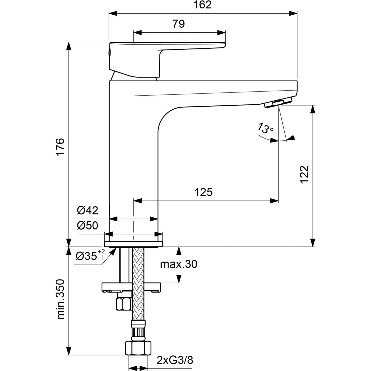 Skizze der Ideal Standard Cerafine O Waschtischarmatur H120, Chrom, mit Maßangaben.