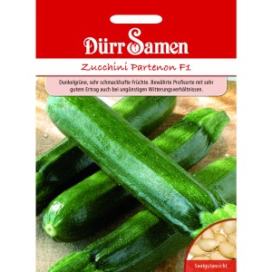 Dürr Samen Zucchini Partenon F1 Saatgut Packung mit dunkelgrünen Zucchinis.