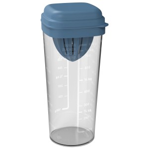 Rotho Küchenhelfer Loft: 5-in-1 Messbecher/Shaker, transparent mit blauem Deckel, 1 Liter.