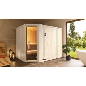 Weka Elementsauna Varberg 4 GT Trend mit BioS-Ofen: Elementsauna aus Fichtenholz mit Glastür und Liegen.
