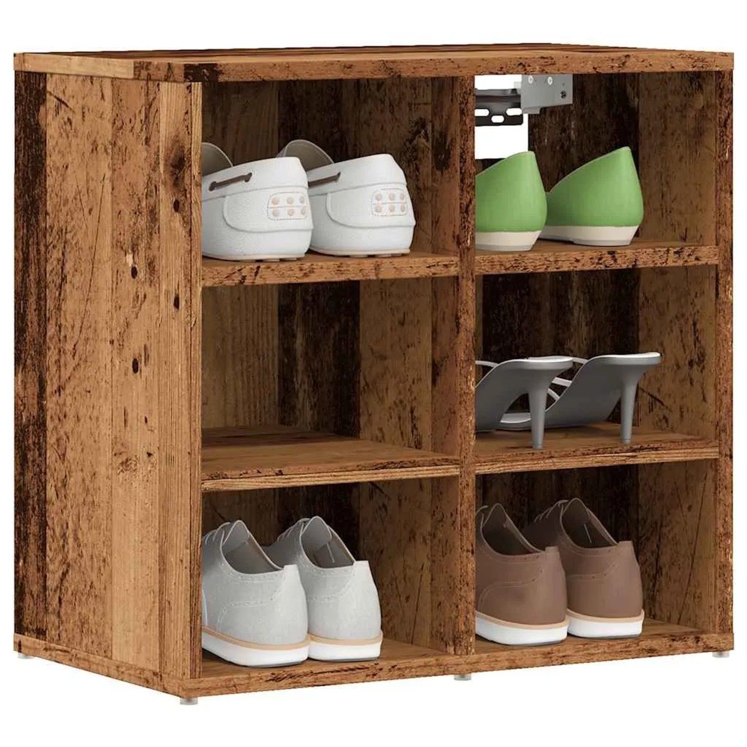 Schuhschrank in Altholz-Optik, 52x30x50 cm, mit sechs Fächern zur Aufbewahrung von Schuhen.